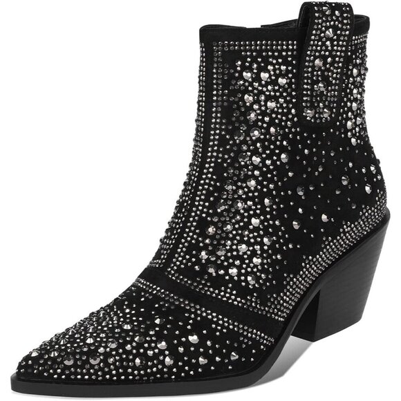✨ Isnom Ankle Boots Women Black Rhinestone Sparkly Pointed Toe Chunky Heel Boots - Picture 1 of 7